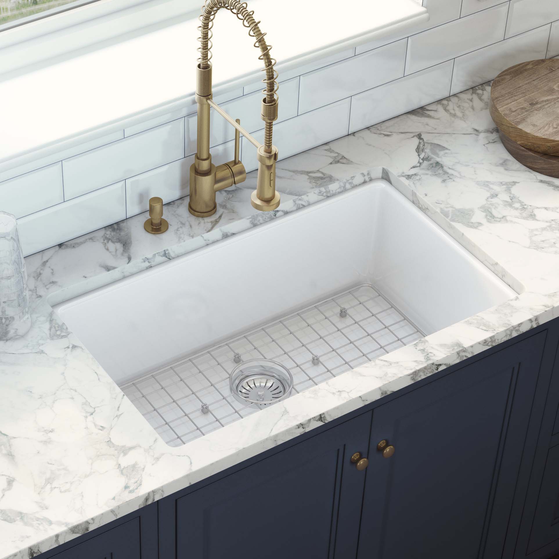 27 x 19" White Fireclay Dual Mount Single Bowl Kitchen Sink with Grid and Strainer - Image 4