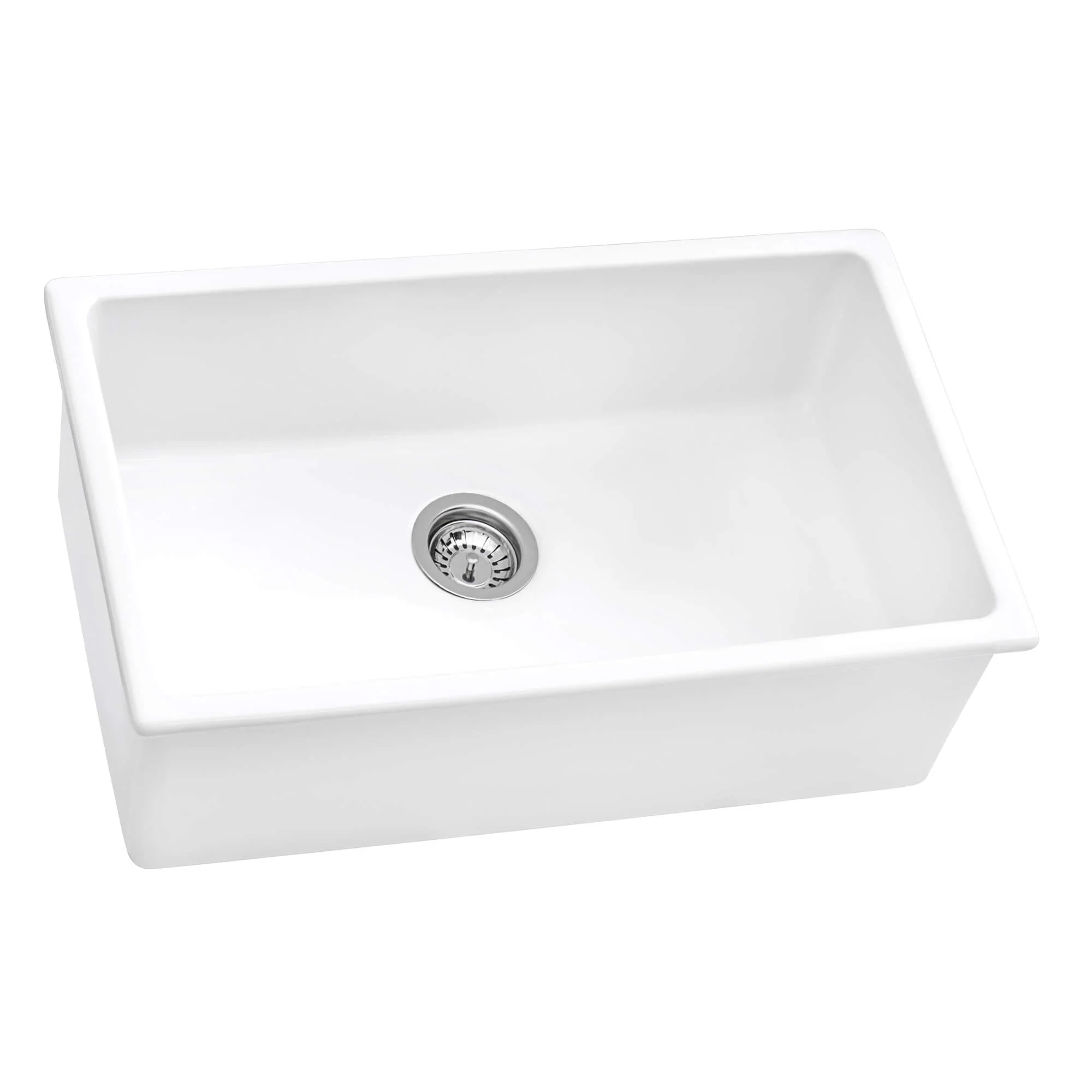 27 x 19" White Fireclay Dual Mount Single Bowl Kitchen Sink with Grid and Strainer - Image 5