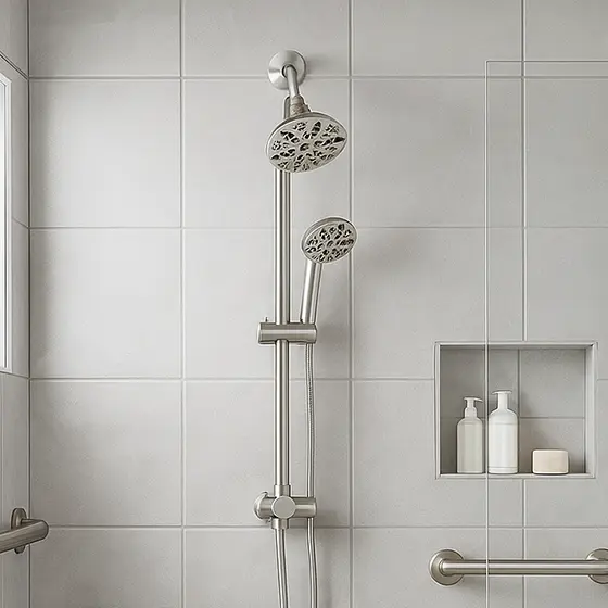 Brushed Nickel Dual Overhead Spray and Handheld Shower Head Combo with Slide Bar - Image 3