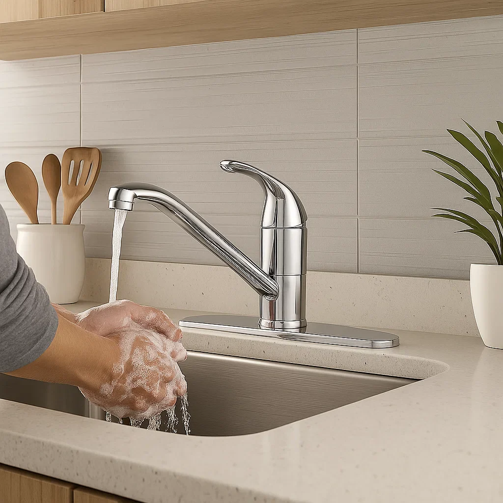 Single Handle Low Arc Deck Mounted Kitchen Faucet with Deckplate in Chrome - Image 4