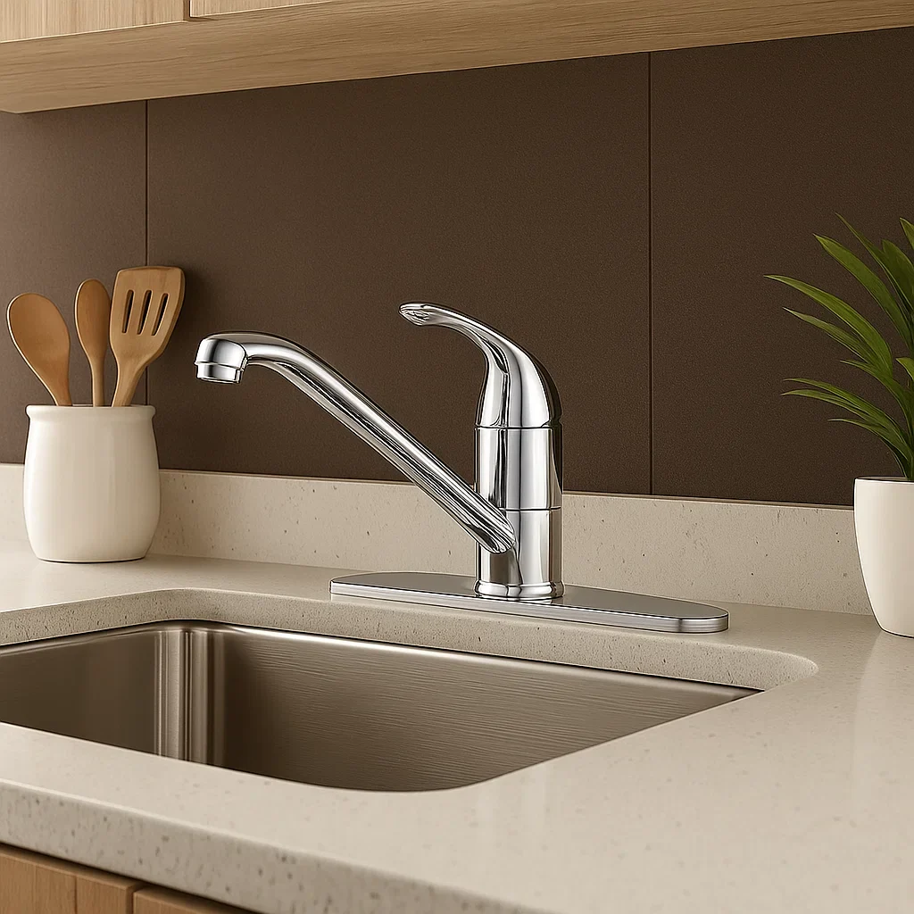Single Handle Low Arc Deck Mounted Kitchen Faucet with Deckplate in Chrome - Image 5