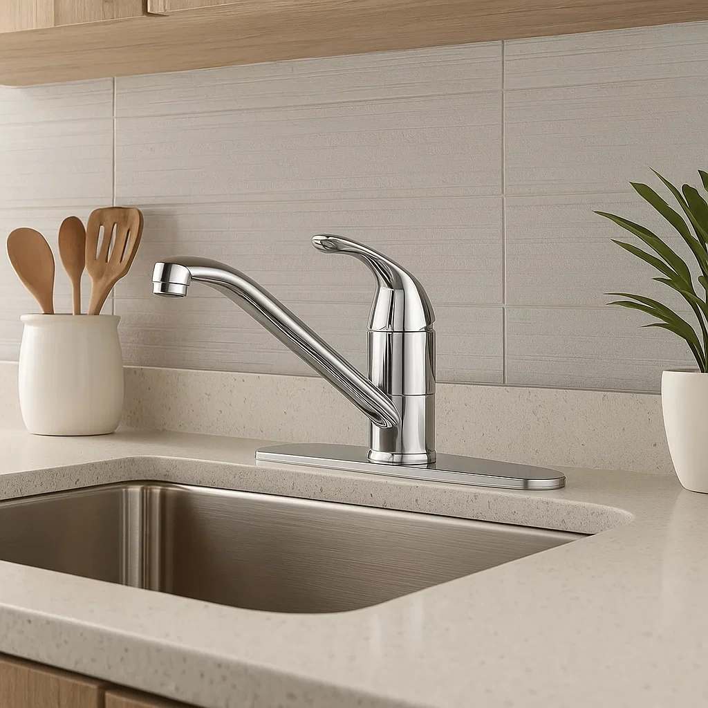 Single Handle Low Arc Deck Mounted Kitchen Faucet with Deckplate in Chrome - Image 6
