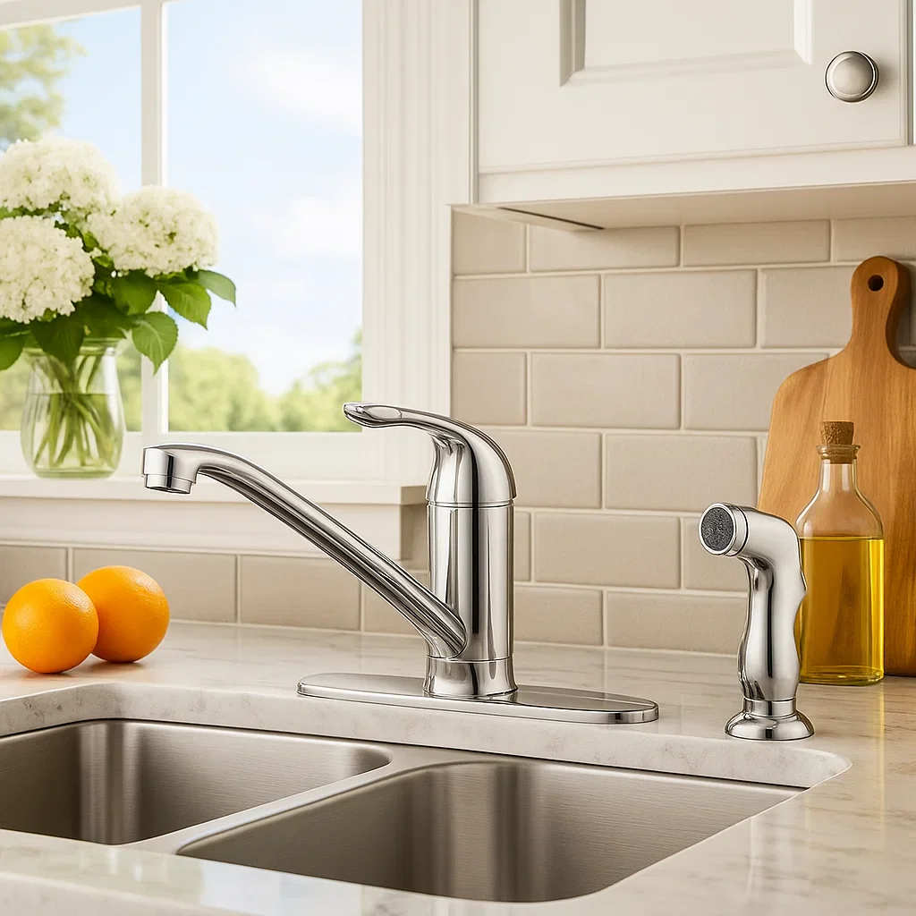 Single Handle Low Arc Deck Mounted Kitchen Faucet with Side Sprayer in Chrome - Image 3