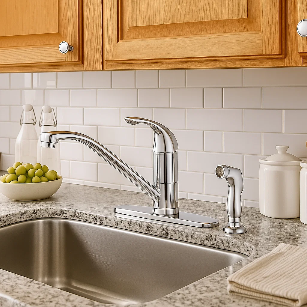 Single Handle Low Arc Deck Mounted Kitchen Faucet with Side Sprayer in Chrome - Image 4