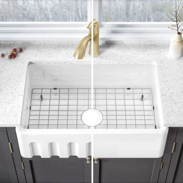 33 x 20" Fireclay Farmhouse Single Bowl Kitchen Sink with Grid and Strainer - Image 6