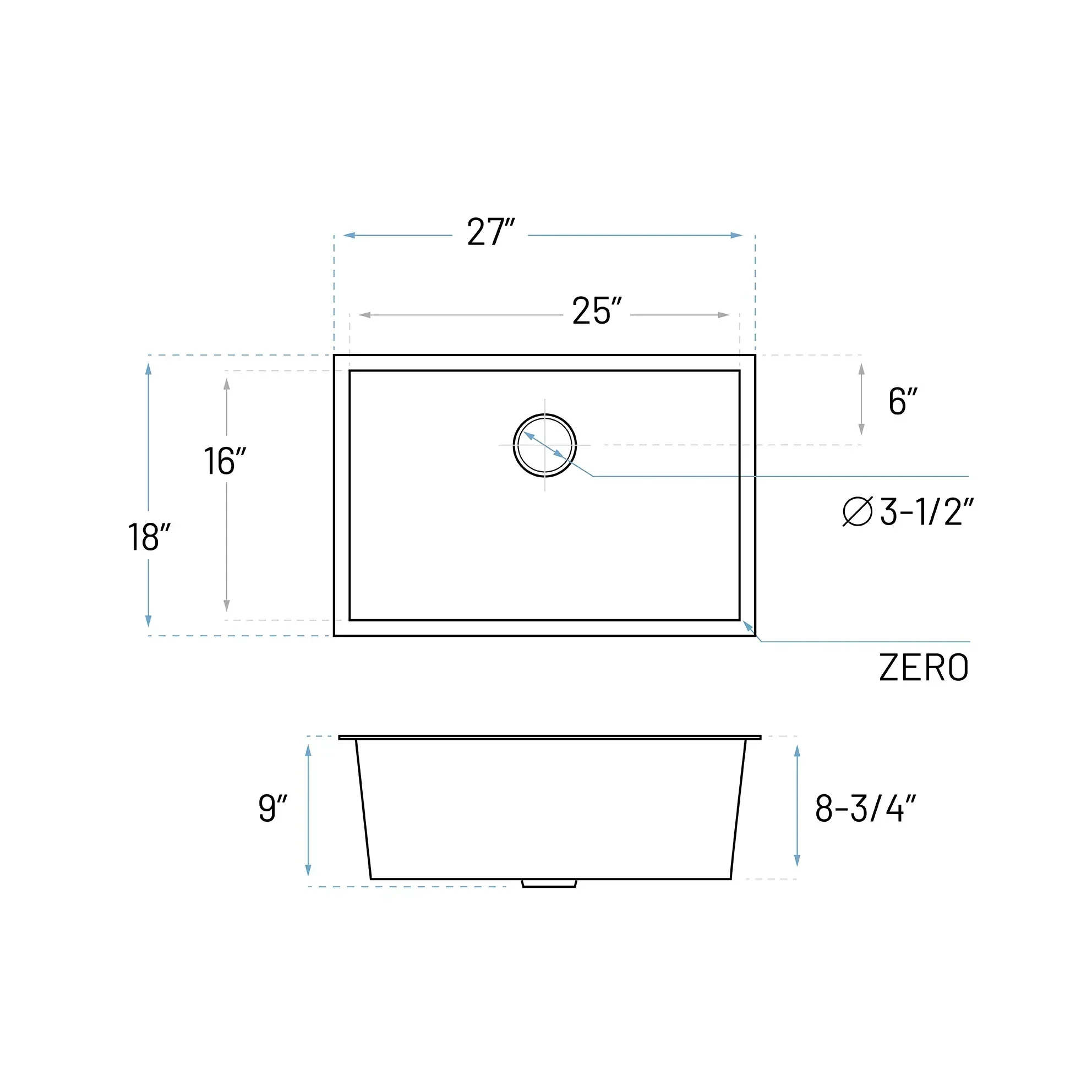 27" Standard Zero Radius Undermount Stainless Steel Single Bowl Kitchen Sink - Image 5