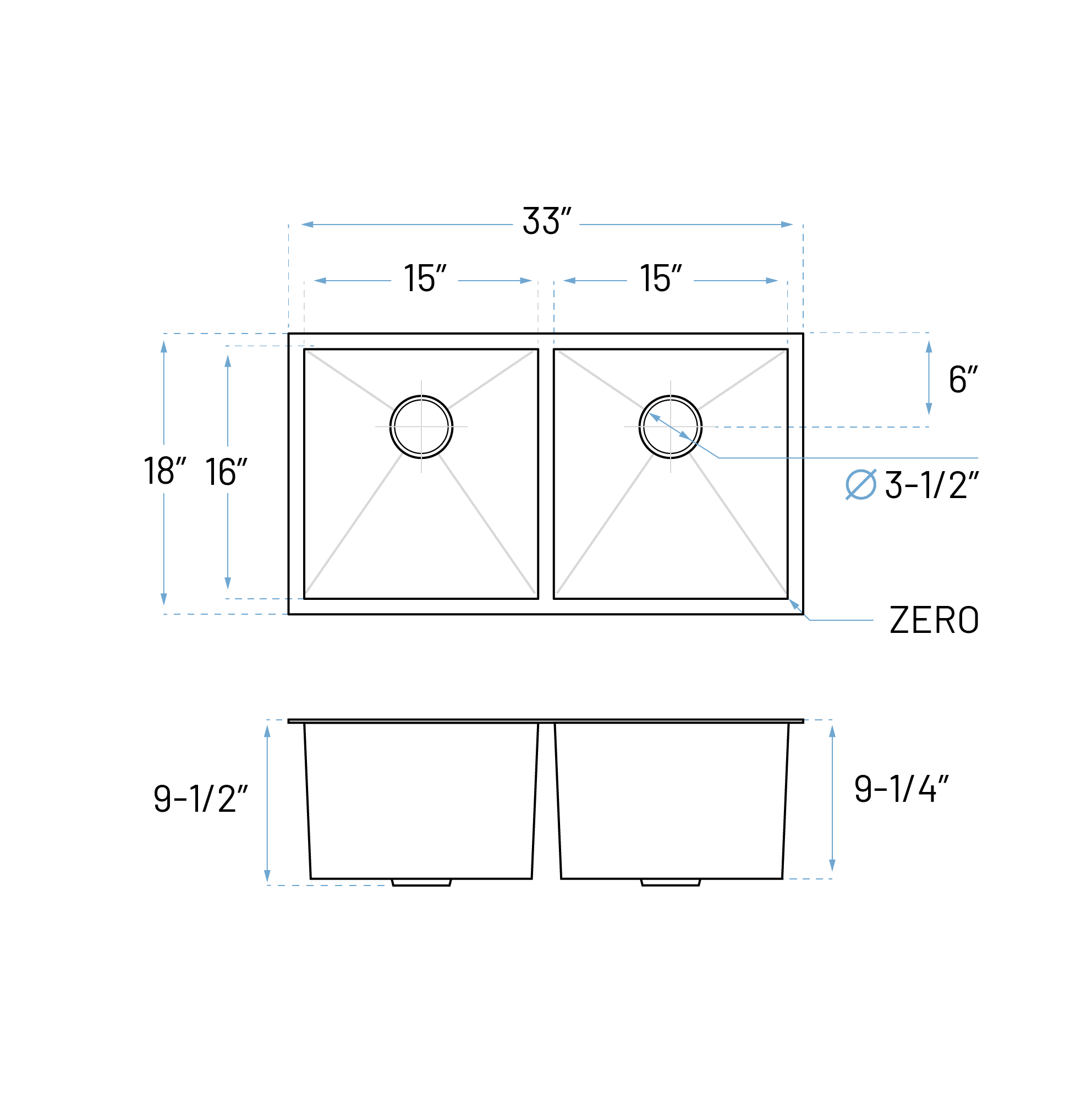 33" Extra Large Zero Radius Undermount Double Bowl Stainless Steel Kitchen Sink - Image 7