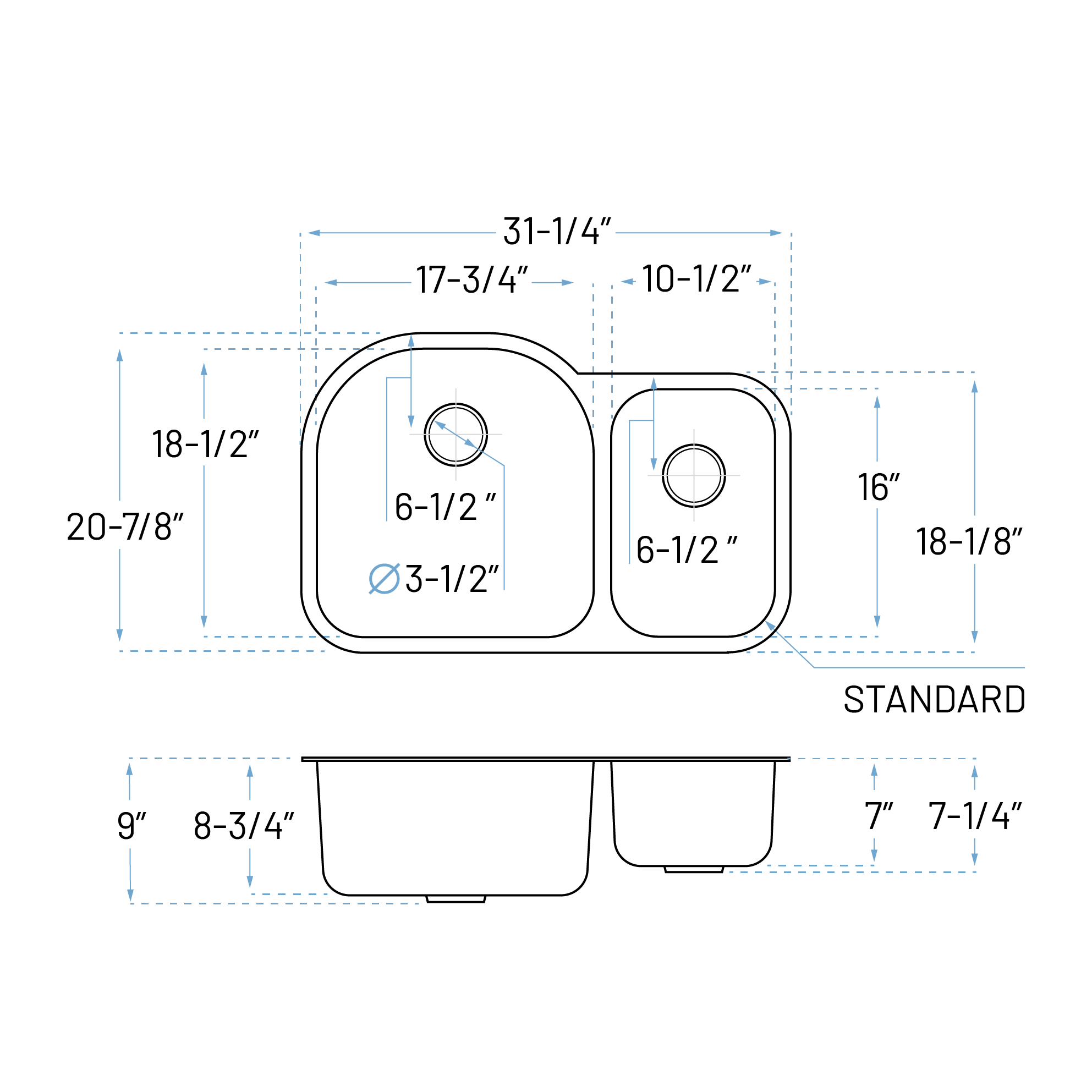 31" Undermount 70/30 Offset Double Bowl Stainless Steel Kitchen Sink - Image 6