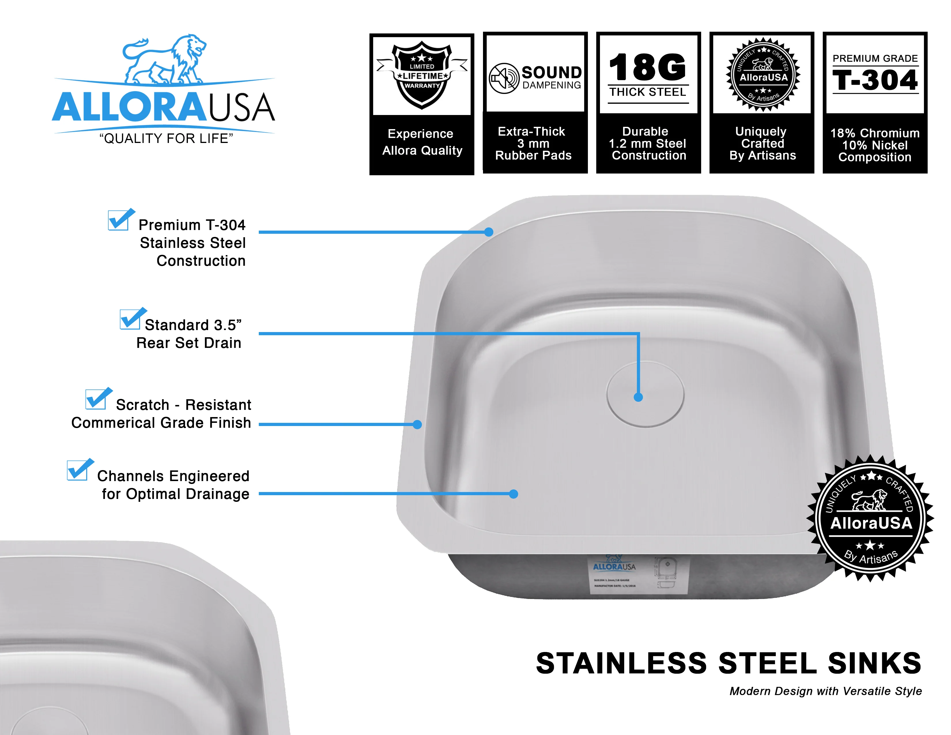 23" Undermount D-Shaped Stainless Steel Single Bowl Kitchen Sink - Image 4