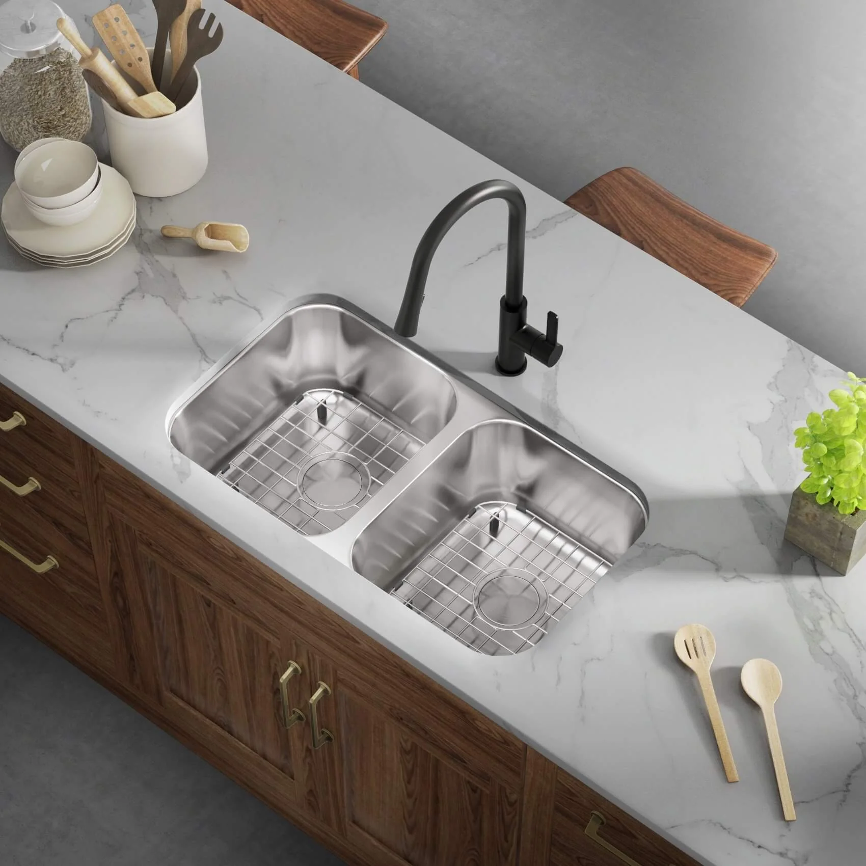 31" Undermount 16-Gauge Double Bowl Stainless Steel Kitchen Sink - Image 4