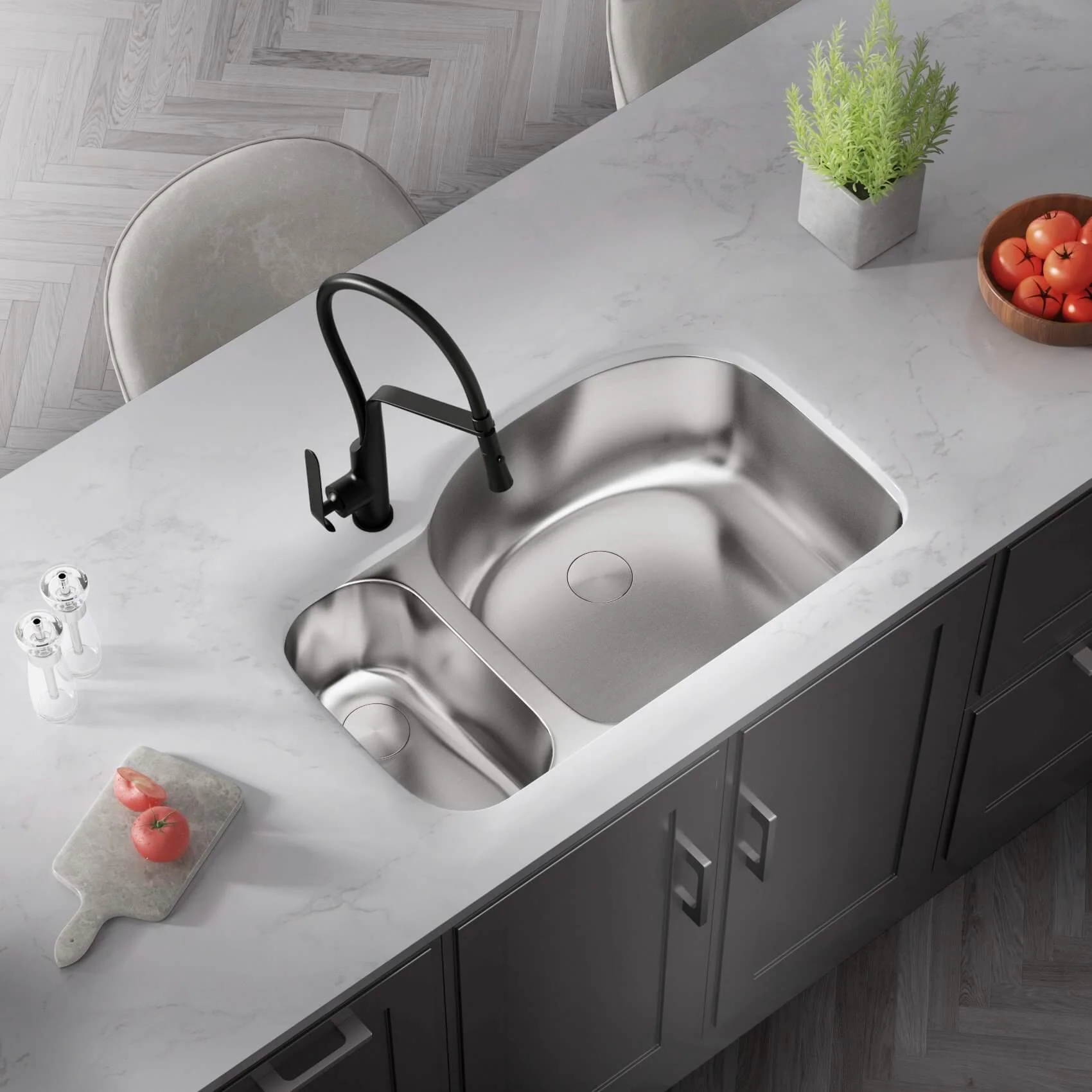 33" Undermount 80/20 Offset Double Bowl Stainless Steel Kitchen Sink - Image 3