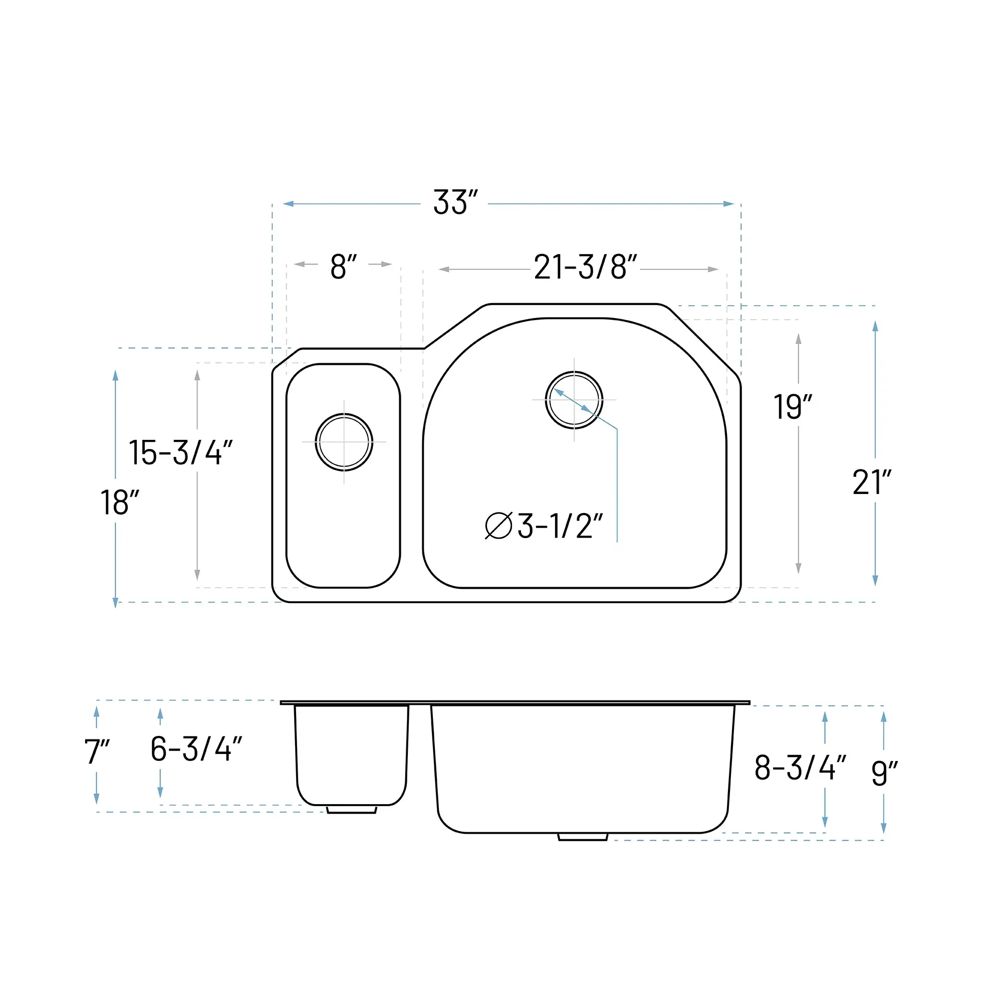 33" Undermount 20/80 Offset Double Bowl Stainless Steel Kitchen Sink - Image 5