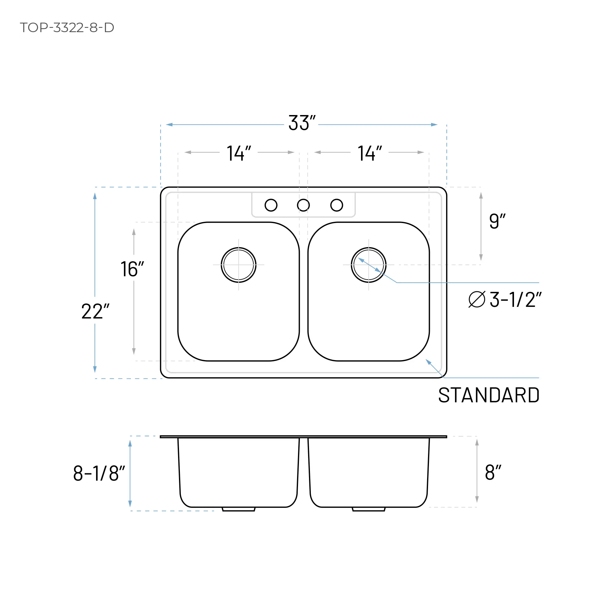 33" x 22" Top Mount 50/50 Double Bowl Stainless Steel 3-Hole Kitchen Sink - Image 5