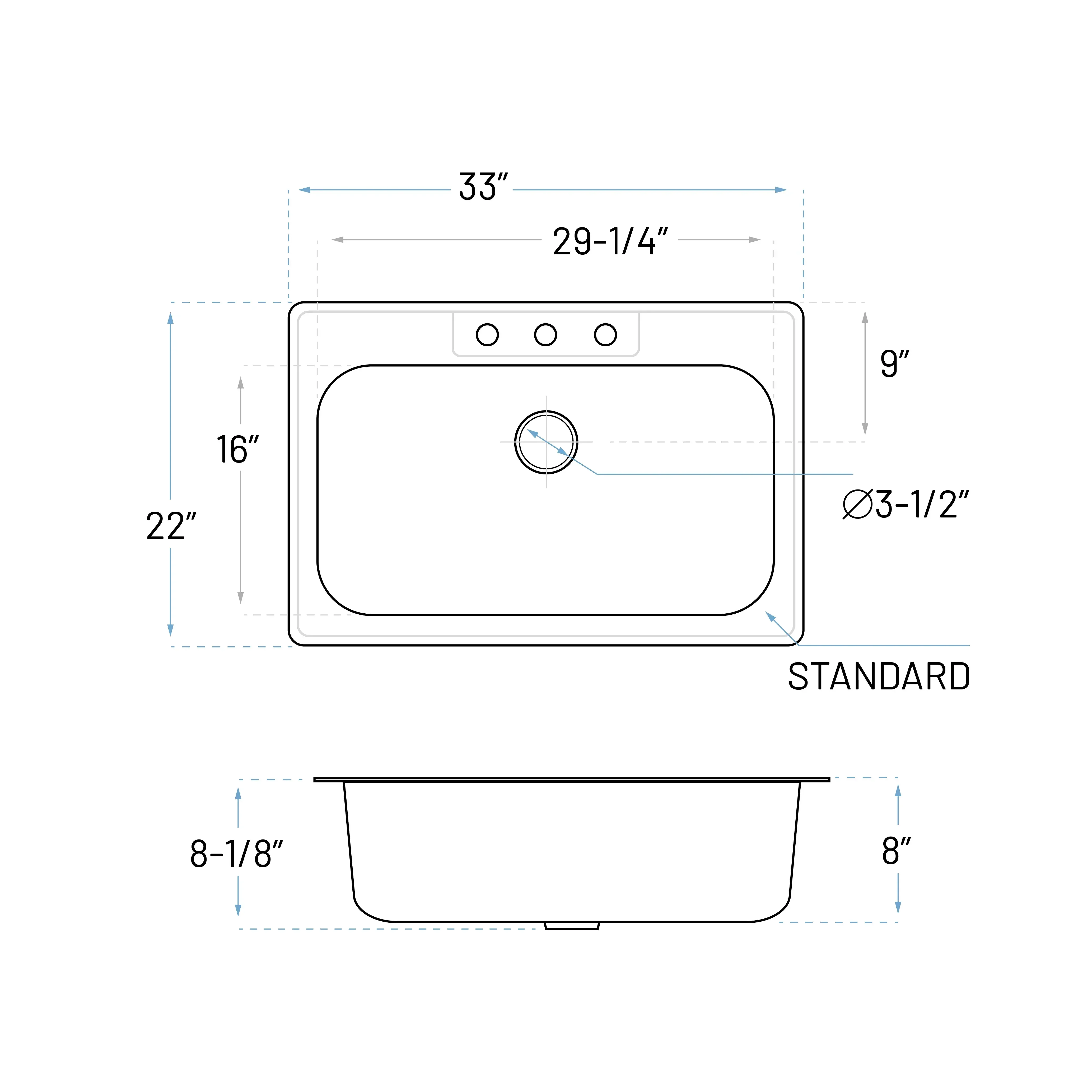 33" Top Mount Stainless Steel 3-Hole Single Bowl Kitchen Sink - Image 5